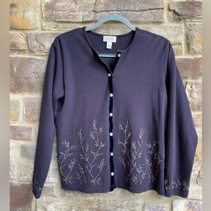 Talbots knit cardigan with embroider detail and velvet edging size L